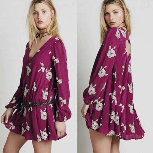 FREE PEOPLE Embroidered Austin Emma Boho Mini Dress Pink Sz L Boho Cowgirl Glam - Picture 2 of 15